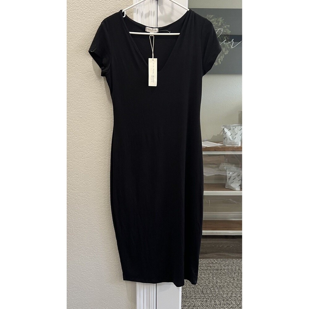 See You Monday Black V-Neck Stretch Midi Maxi Dress XL Cap Sleeve NWT